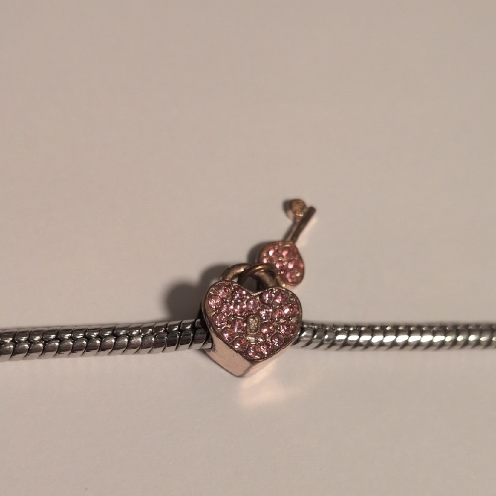 Gold Pink Heart Lock And Key Charm for Pandora Style Bracelet‎